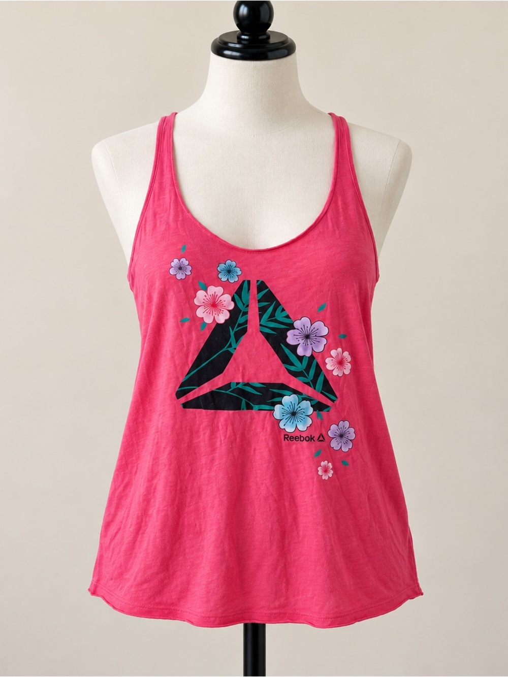 Reebok Pink Floral Logo Racerback Tank Top Women’s Medium